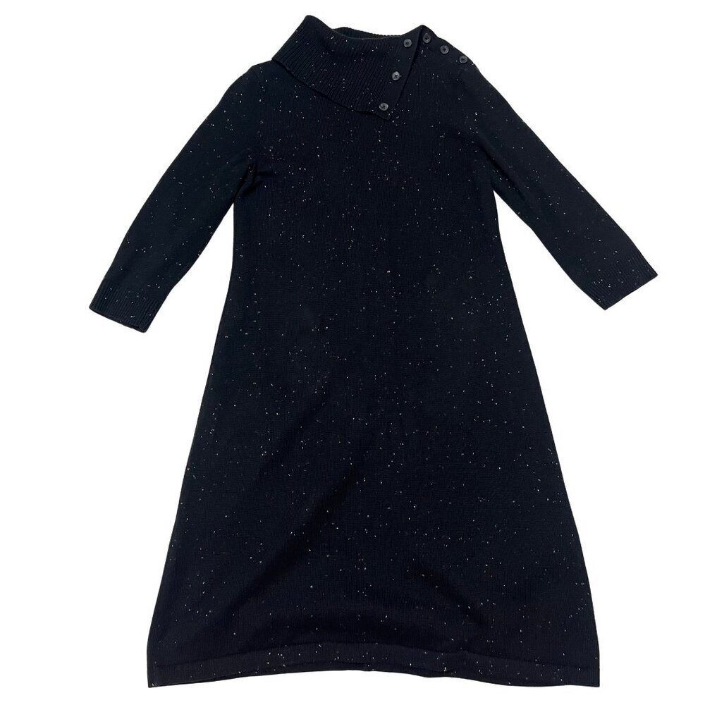 Talbots Cowl Neck Black Sweater Midi Dress Button LP Petite Casual Office